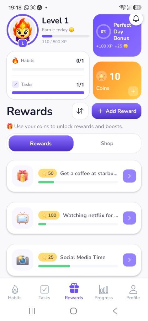 Levly Rewards screen showing level progress, coins, and personal rewards